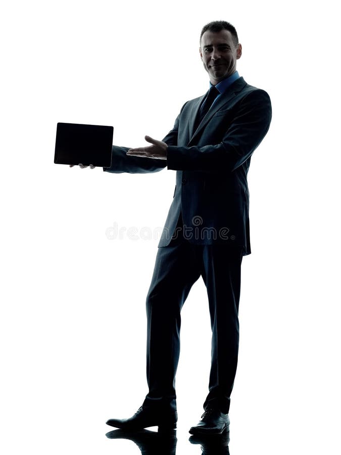 Digitale Tablette des Geschäftsmannes lokalisiert lizenzfreies stockbild Digitale Tablette des Geschäftsmannes lokalisiert lizenzfreies stockbild