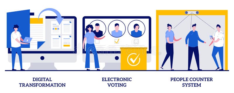 Digitale Transformation elektronische Abstimmung Menschen Zählsystem Konzept mit winzigen Menschen. Digitalisierungsvektor-Illustr vektor abbildung