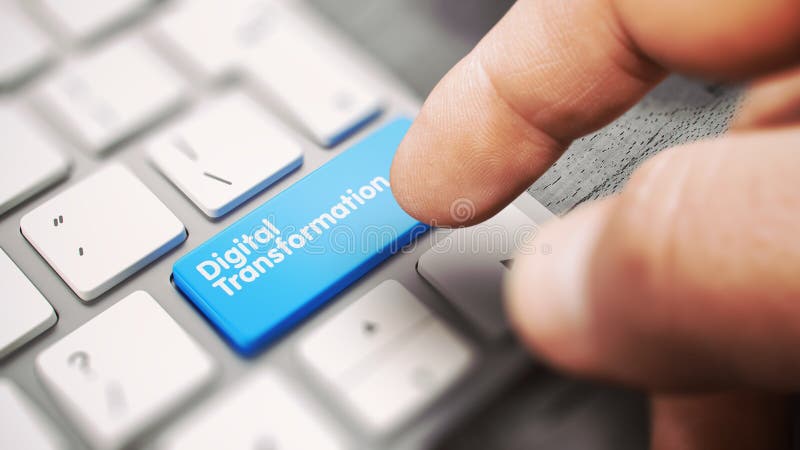Digitale Umwandlungsmitteilung auf dem blauen Tastaturtastaturschlüssel 3d. lizenzfreie abbildung