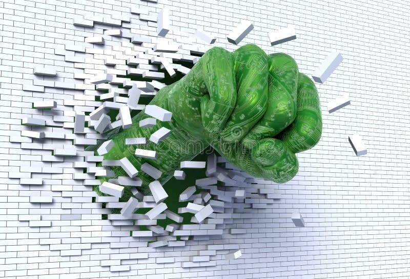 3D illustration of robotic hand punching and breaking through a brick wall, metaphor for technological break through and revolution. 3D illustration of robotic hand punching and breaking through a brick wall, metaphor for technological break through and revolution