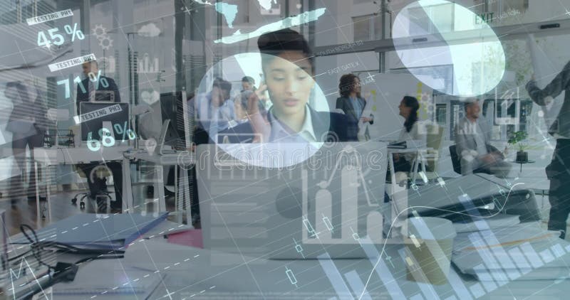 Digitale Zusammensetzung der Finanzdatenverarbeitung gegenüber im Büro arbeitenden Geschäftsleuten stock abbildung