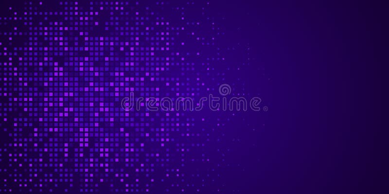 Digitaler Pixelhintergrund. Glühende violette Quadrate im dunklen Hintergrund. Abstraktes technisches Banner. . . lizenzfreie abbildung