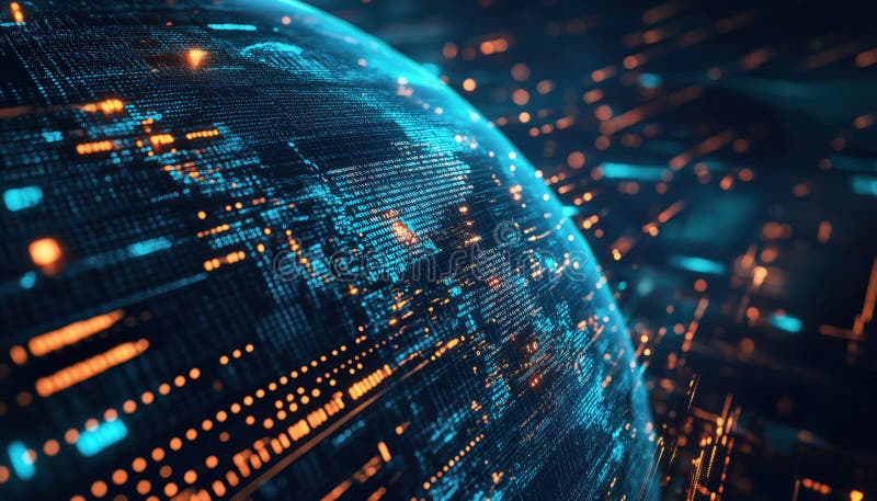 Digitales Bild mit Globe mit binärer Codierung und Datenverarbeitung auf dunklem Hintergrund lizenzfreies stockfoto