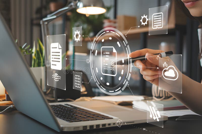 Digitales Dokumentenmanagementsystem moderne Schnittstelle Notebook-Cloud-Computing-Technologie für Geschäftsfrau, die online arbe vektor abbildung