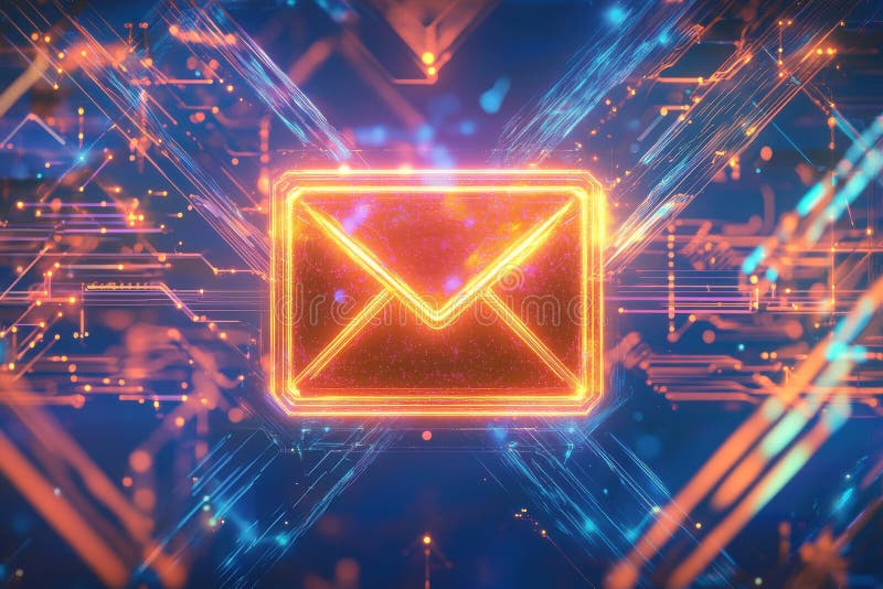Digitales E-Mail-Netzwerk Abstract Glow Orange Lines Technologie Hintergrunddaten neugierig Cyber-Licht lizenzfreie abbildung