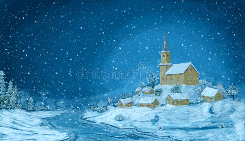 Romantic digital painting of snowy winter Christmas landscape. Village with small church on the hill and falling snow flakes. Blue horizontal image. Romantic digital painting of snowy winter Christmas landscape. Village with small church on the hill and falling snow flakes. Blue horizontal image.