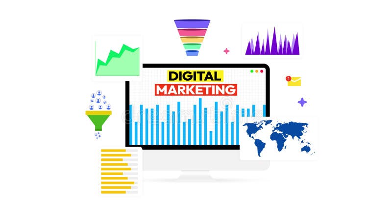 Digitales Marketing mit Lead Generation und Trichter bauen farbenfrohe Gestaltung rund um die Geräte moderne Business Hintergrund lizenzfreie abbildung
