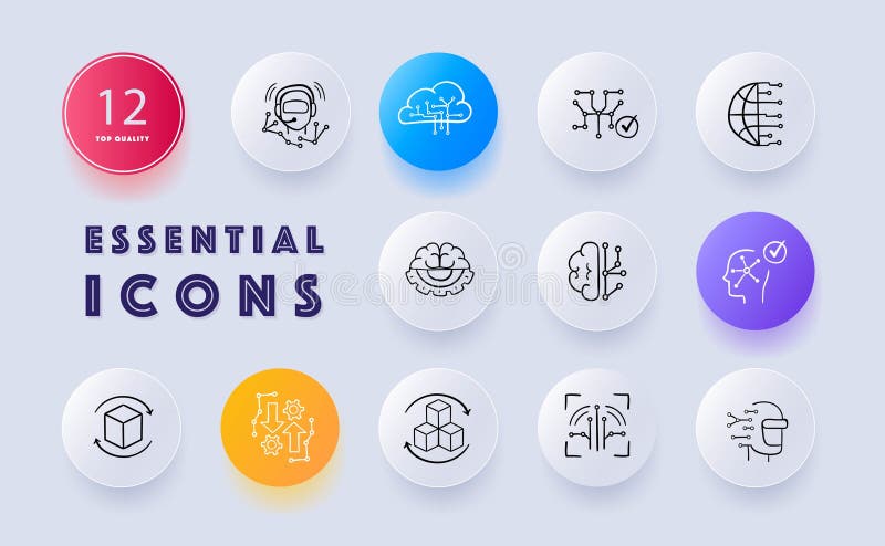 Digitalization icon set. Internet connectivity, data analysis, innovation, security, cloud computing, virtual reality. Technology royalty free illustration