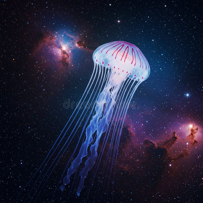 A digitally created image depicting a jellyfish floating in outer space. The jellyfish is stock illustration
