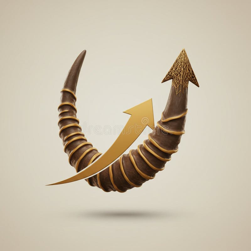 A digitally created image featuring two stylized, curved brown horns with a textured stock illustration