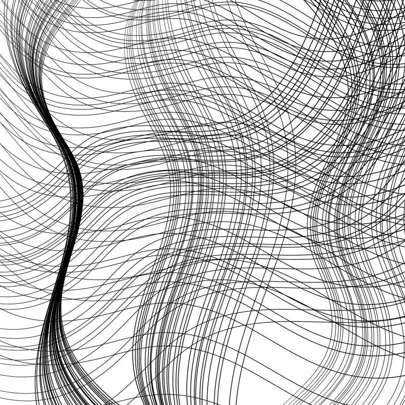 Wavy stripes randomly rotated, overlapping, in outlined, in monochrome black and white stock illustration