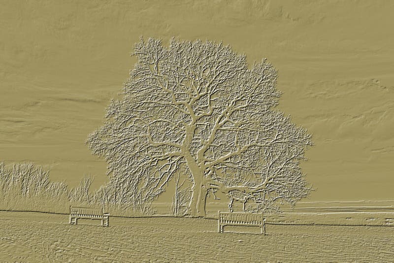 Digitally embossed image of a bare Oak tree stock illustration