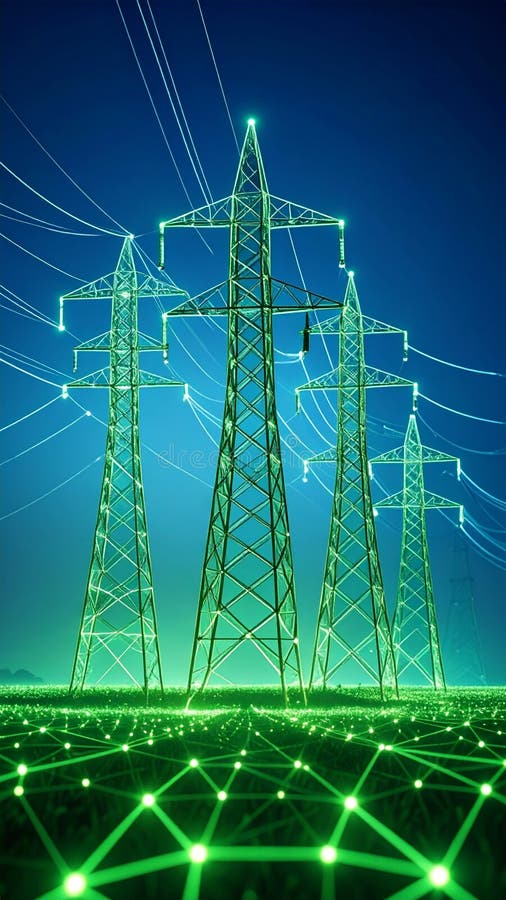 Digitally enhanced power grid pylons with connected network lines against a blue backdrop. Illuminated pylons stock images, royalty-free photos and pictures