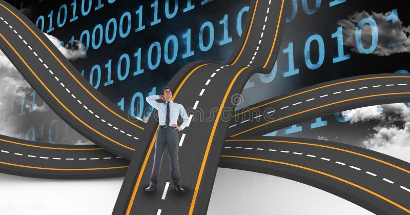 Digitally generated image of businessman on wavy road against binary numbers stock illustration Digitally generated image of businessman on wavy road against binary numbers stock illustration