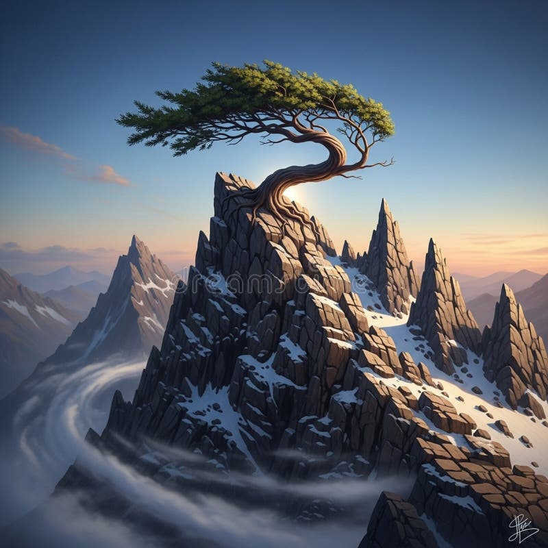 A digitally generated image depicting a dramatic mountain landscape at sunrise. A stock illustration