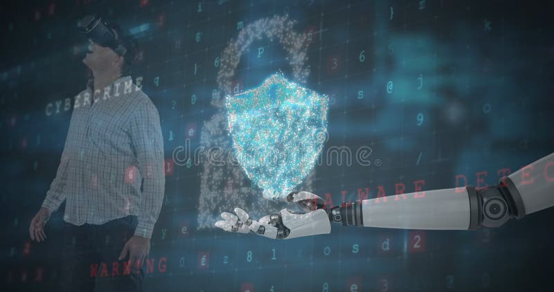A digitally generated image depicts a cyber security concept with VR and robotic elements royalty free stock photo