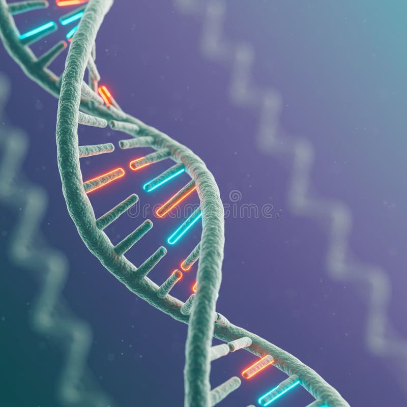 A digitally generated image of a DNA double helix structure with glowing neon-colore stock illustration