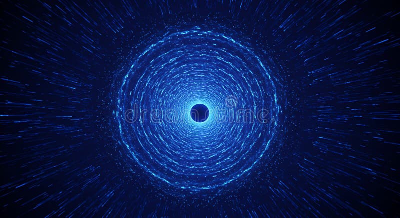 A digitally generated image features a glowing blue vortex resembling a wormhole royalty free illustration