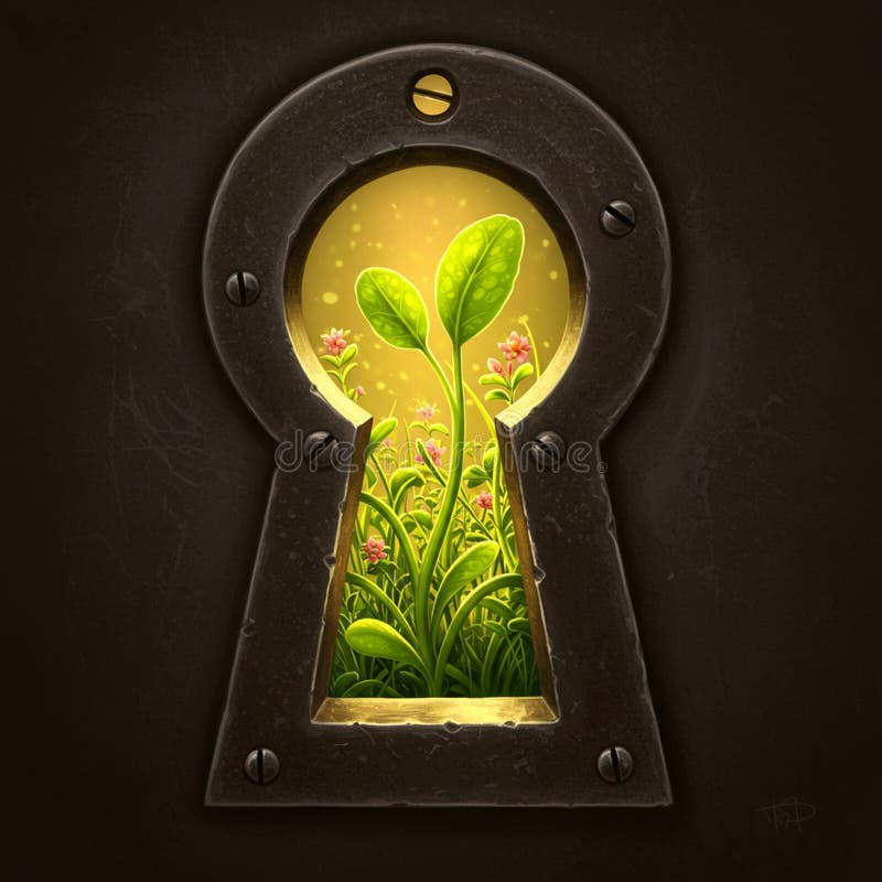 A digitally generated image features a keyhole through which a vibrant scene is royalty free illustration