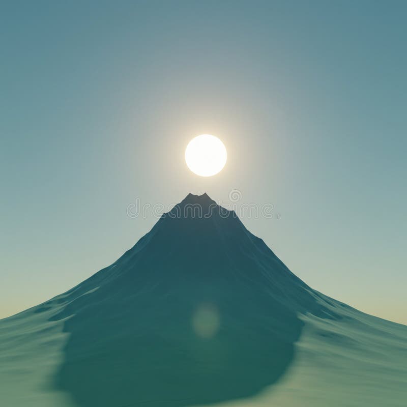 A digitally generated image features a symmetrical mountain peak with the sun royalty free illustration