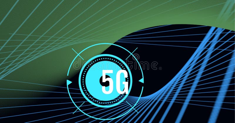 Digitally generated image of 5g text over digital waves against green technology background stock illustration
