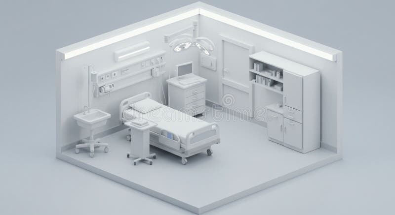 A digitally generated image of a minimalist hospital room. It features a hospital bed royalty free illustration
