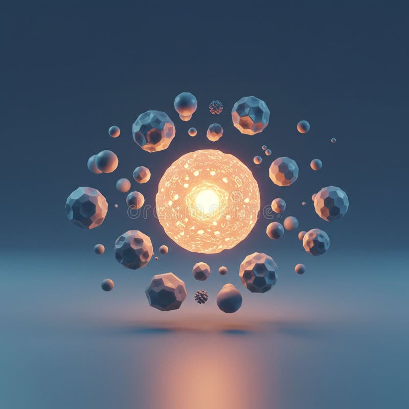 A digitally generated image showcases a glowing central sphere surrounded by stock illustration