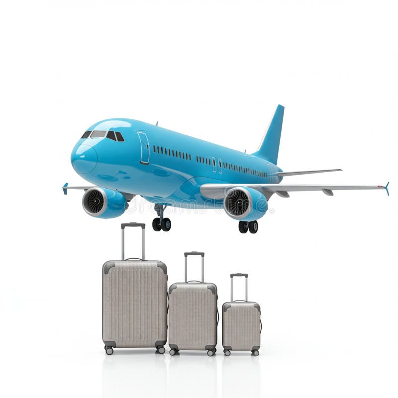 A digitally generated image shows a blue commercial airliner flying against a white royalty free illustration