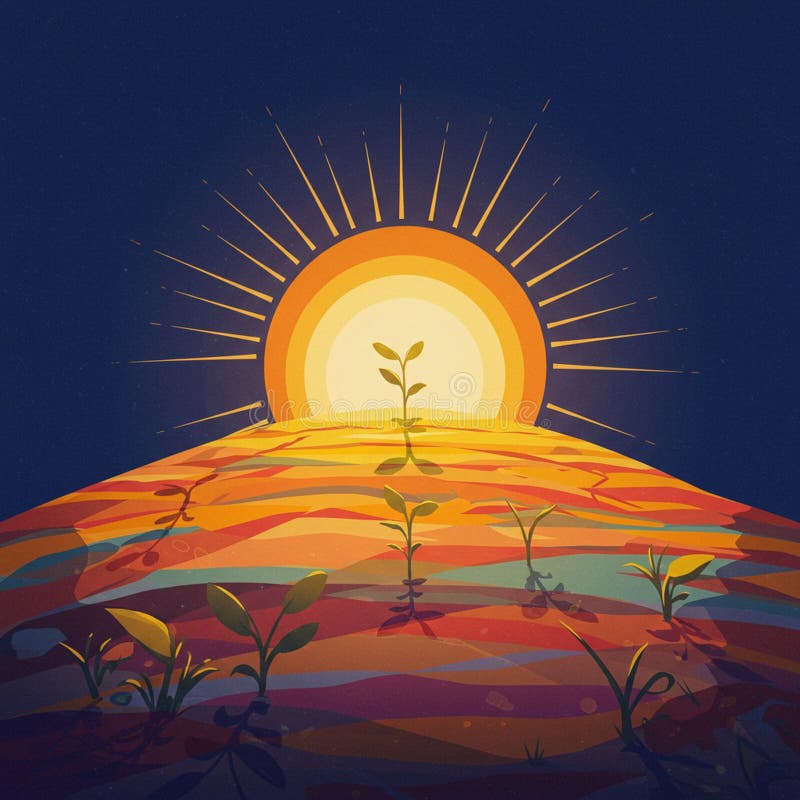 A digitally generated image shows a vibrant sunrise over a stylized landscape. The vector illustration