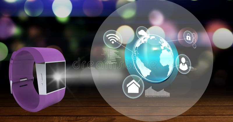 Digitally generated image of smart watch and digital interface stock illustration