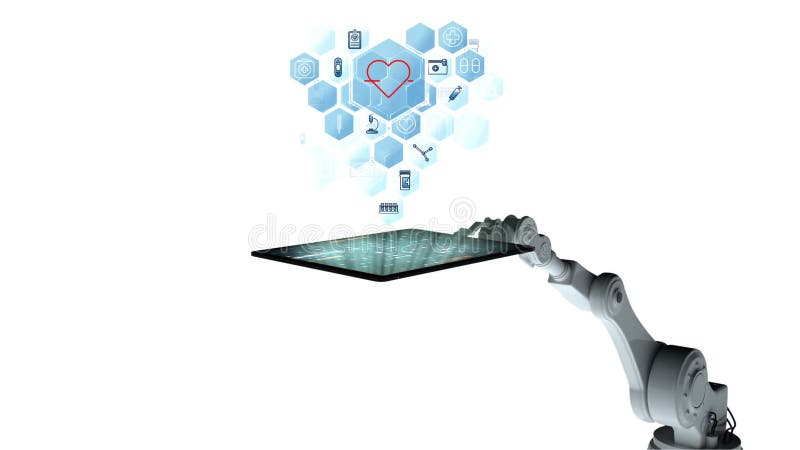 Video generat digital al unui braț robotic alb care conține o tabletă digitală cu pictograme medicale royalty free illustration