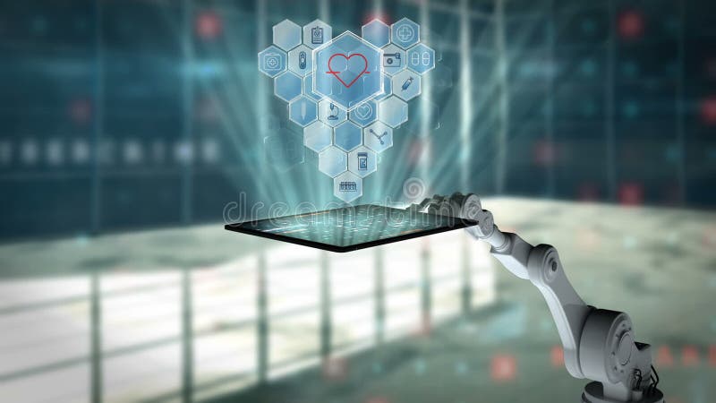Video generat digital al unui braț robotic alb care conține o tabletă digitală cu pictograme medicale vector illustration
