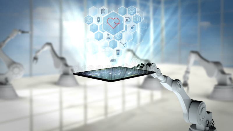 Video generat digital al unui braț robotic alb care conține o tabletă digitală cu pictograme medicale stock illustration