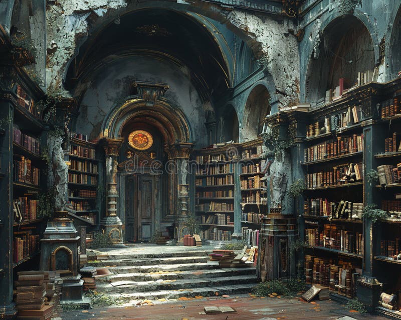 Digitally illustrated image of an ancient library stock photo