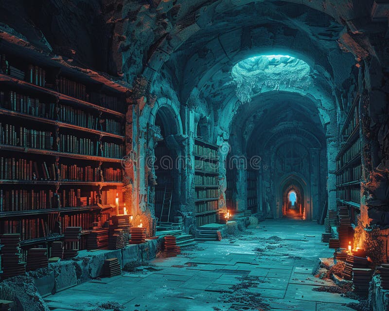 Digitally illustrated image of an ancient library stock photo
