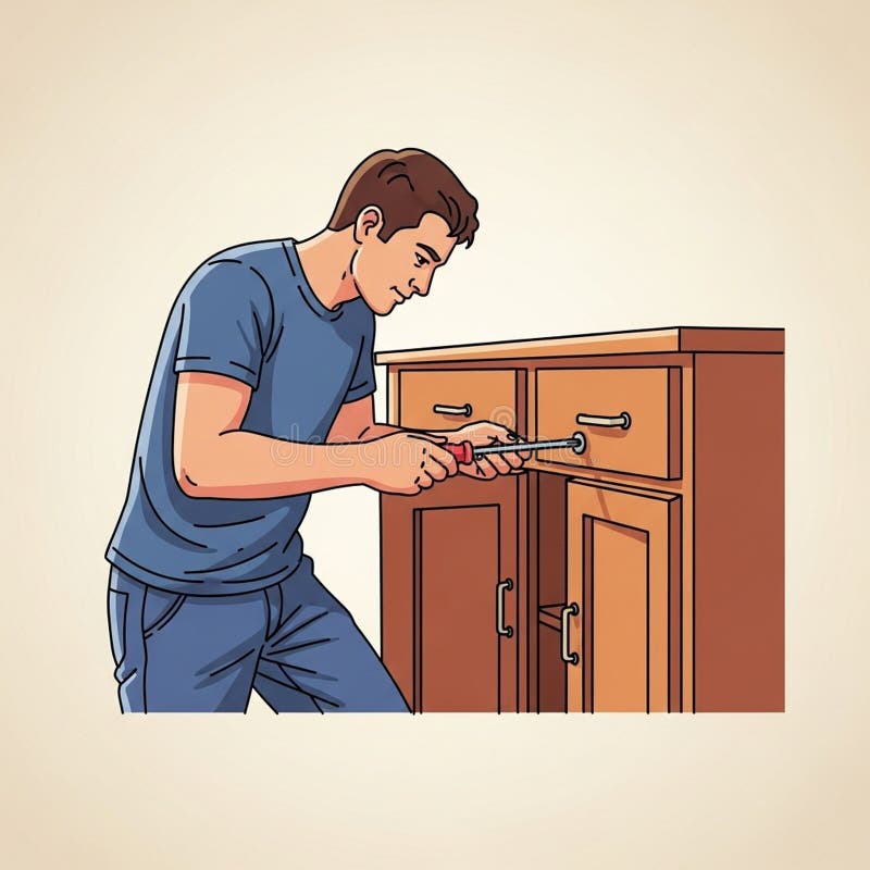 A digitally illustrated image of a young man using a screwdriver to fix or install a drawer on a stock illustration