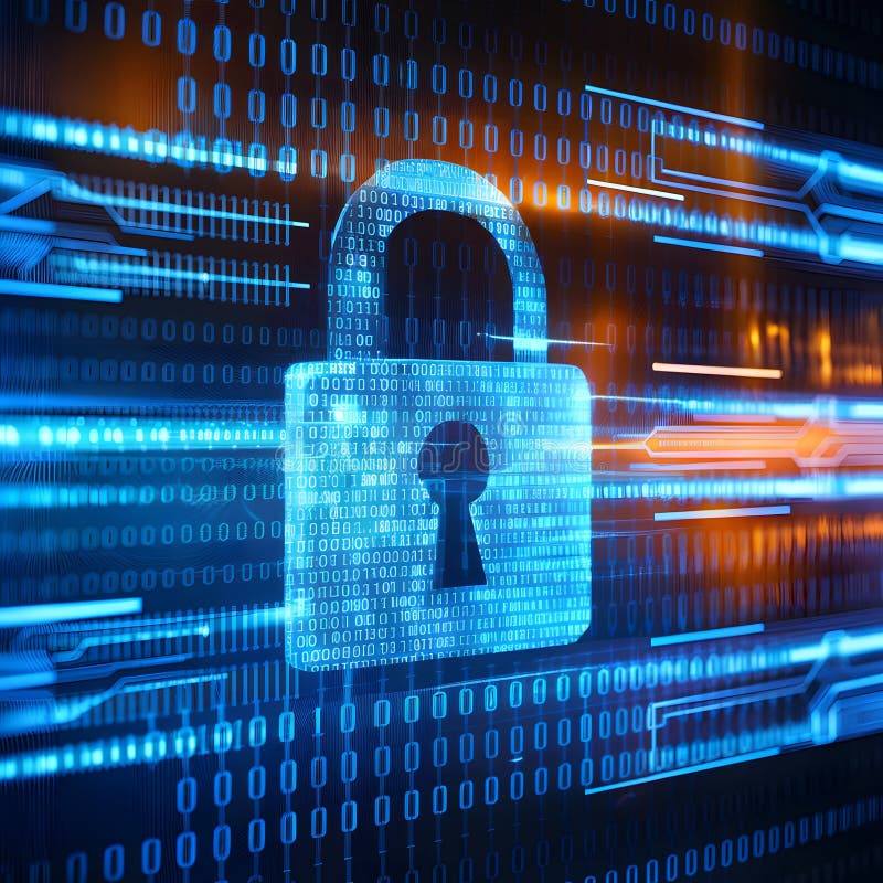 Imersiune digitală în tema cibernetică cu lacăt în modele binare subliniind securitatea stock illustration