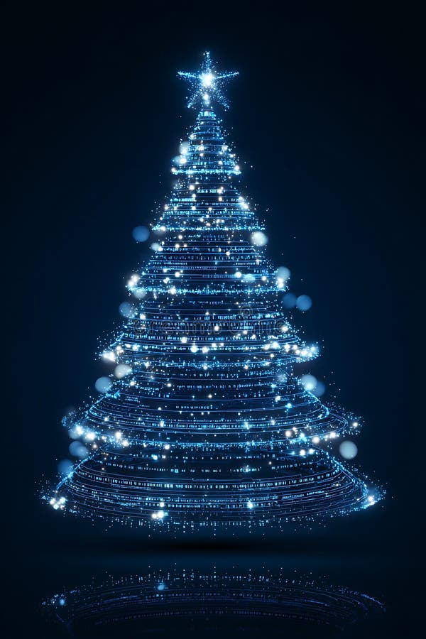 A digitally rendered Christmas tree composed of sparkling blue and white lights vector illustration