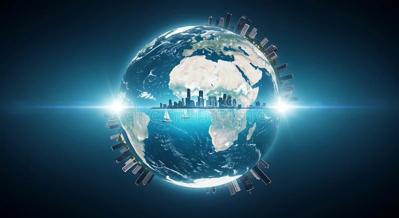 A digitally rendered Earth is depicted in space, with a surrounding layer of vector illustration