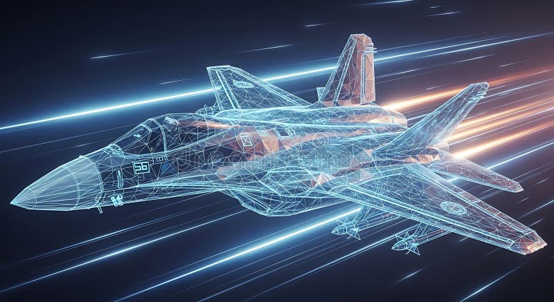 A digitally rendered futuristic jet is depicted using a complex, glowing wireframe vector illustration