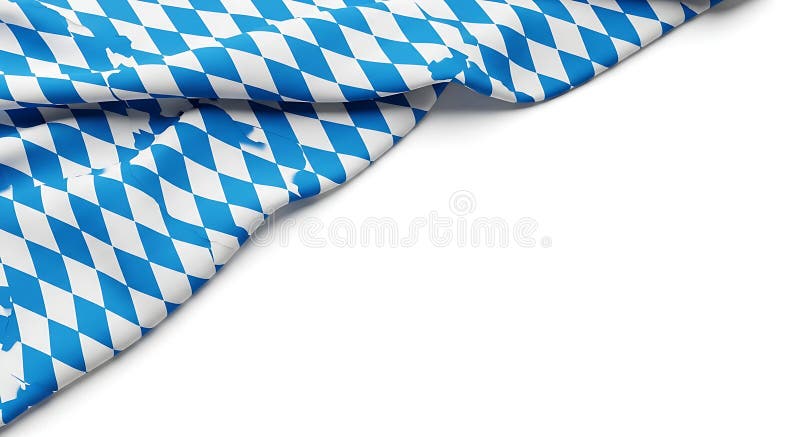 A digitally rendered image of a Bavarian flag, featuring the iconic blue and white checkered pattern. The flag is depicted in a dynamic, waving form, creating a sense of movement and texture. The flag is positioned in a corner of the image against a plain white background, ideal for use as a graphic element, background, or for showcasing the Bavarian flag in a presentation or design project. The high-resolution image offers a clear and detailed view of the flag's design. Bavarian flag blue illustrations