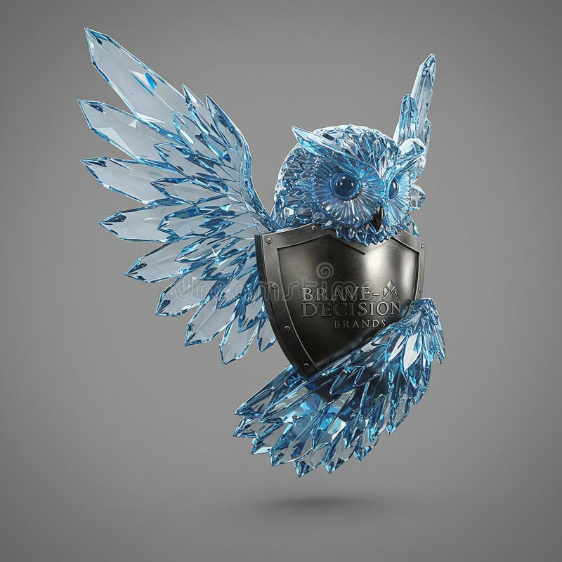 A digitally rendered image displays an owl crafted from translucent blue crystal stock illustration
