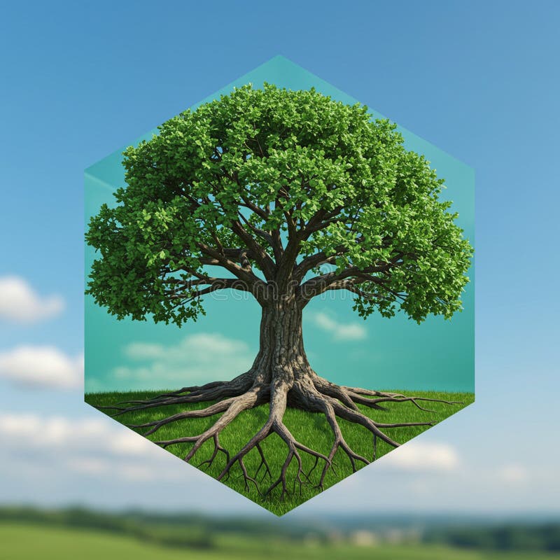 A digitally rendered image featuring a hexagonal prism with a detailed depiction of a stock illustration
