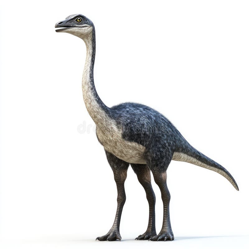 A detailed 3D rendering of a Deinocheirus Mirificus, a large, feathered ornithomimosaur dinosaur known for its unique features. The image showcases the dinosaur's long neck, powerful legs, and distinctive plumage. Ideal for educational or artistic projects. Birdlike species illustrations