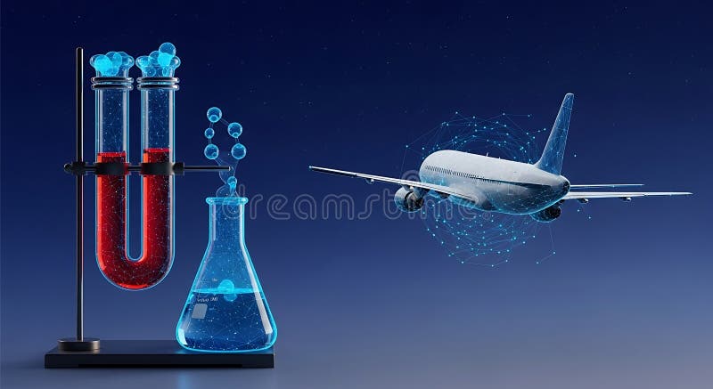 A digitally rendered scene features a test tube setup and a flask containing colored vector illustration