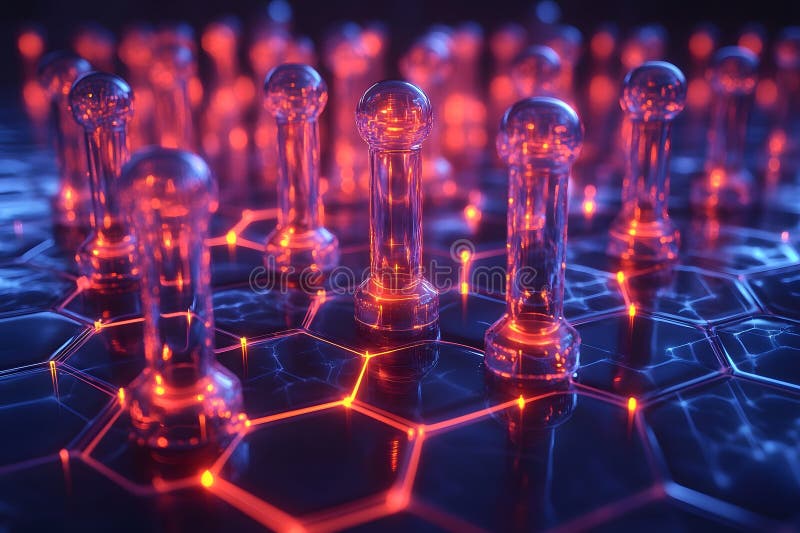 Futuristic Glowing Hexagonal Grid with Glass Pillars - Digital Technology Background Generative AI stock illustration