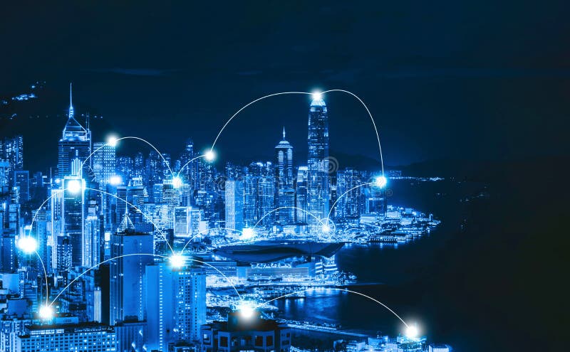 Digitalnetz-Verbindungslinien von Hong Kong Downtown und von Victo lizenzfreies stockbild