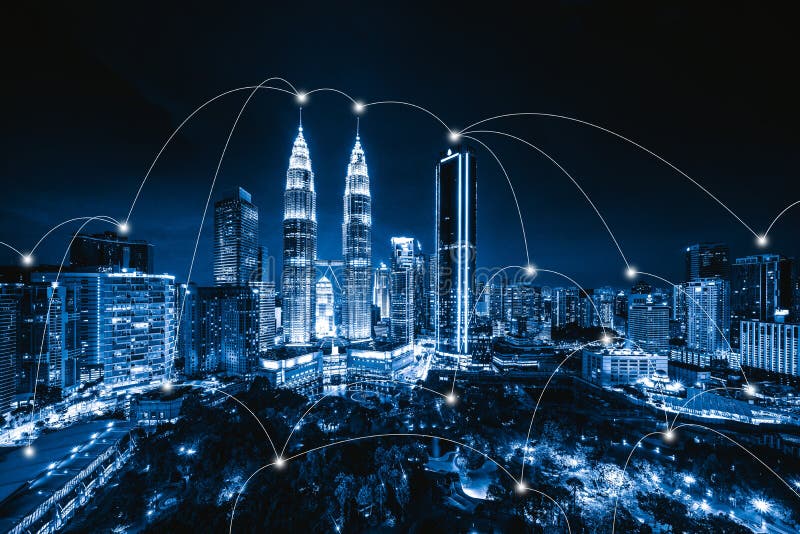 Digitalnetz-Verbindungslinien von Kuala Lumpur Downtown, Malaysia Finanzbezirk und Geschäftszentren in der intelligenten Stadt he