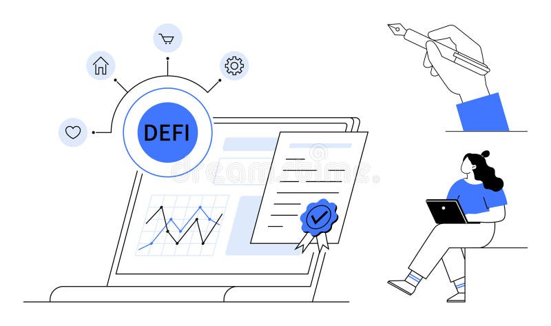 Digitalt certifikat för det decentraliserade finanskonceptet på skärmen på den bärbara datorn med analys och nyckelelement royaltyfri illustrationer