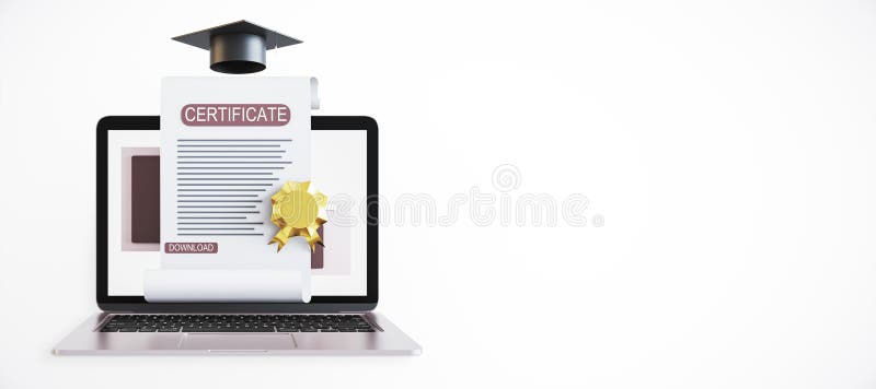 Digitalt certifikat på en bärbar dator med graderingshölje på vit bakgrund 3d-rendering stock illustrationer